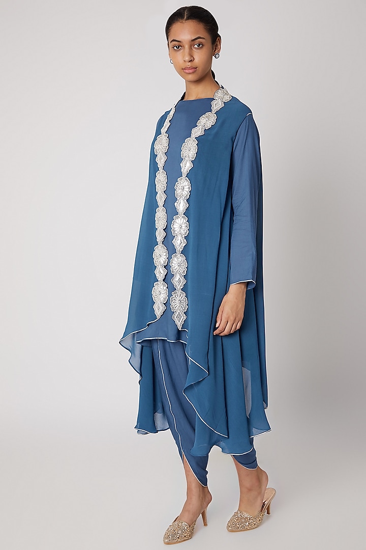 Blue Embroidered Modal Shirt With Dhoti Pants & Cape by Ekta Singh