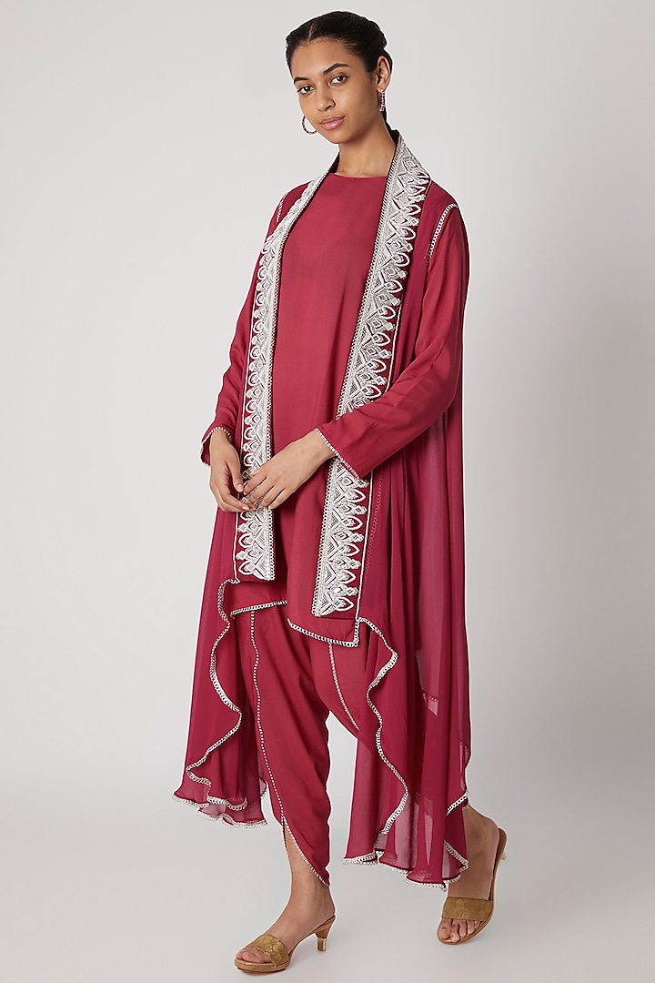 Magenta Embroidered Modal Shirt With Dhoti & Cape by Ekta Singh