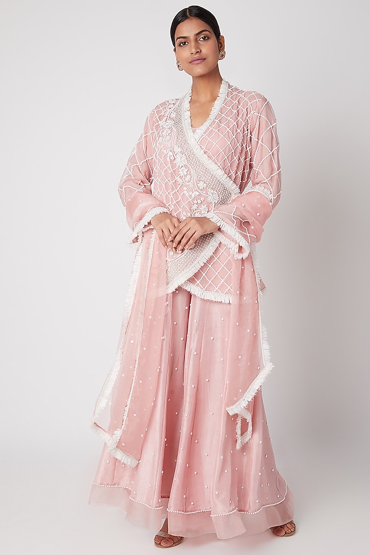 Pink Embroidered Wrap-Up Jacket & Sharara Set by Ekta Singh
