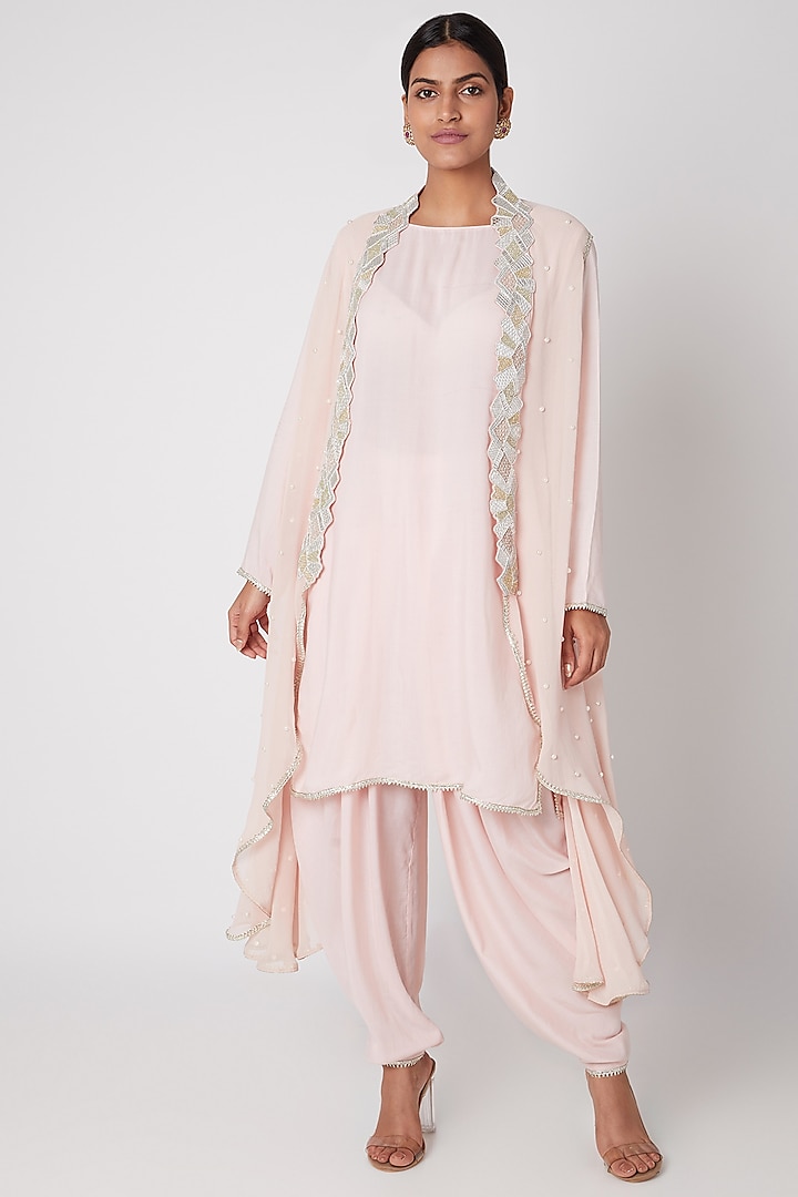 Pink Embroidered Shirt With Dhoti Pants & Cape by Ekta Singh