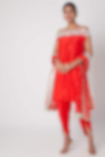 Red Embroidered Off Shoulder Kurta Set by Ekta Singh