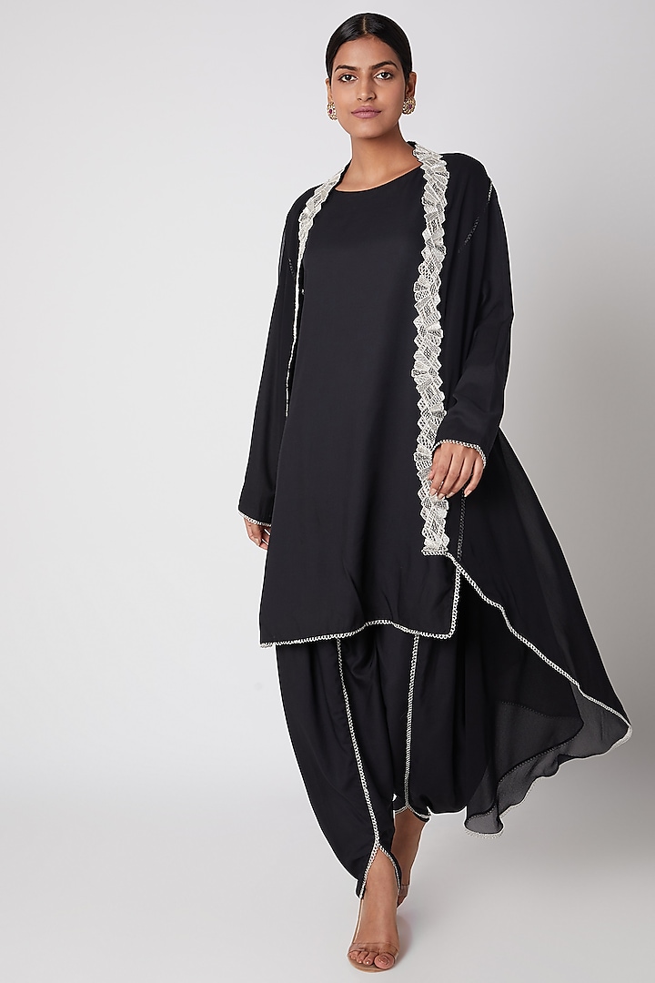 Black Embroidered Shirt With Dhoti Pants & Cape by Ekta Singh