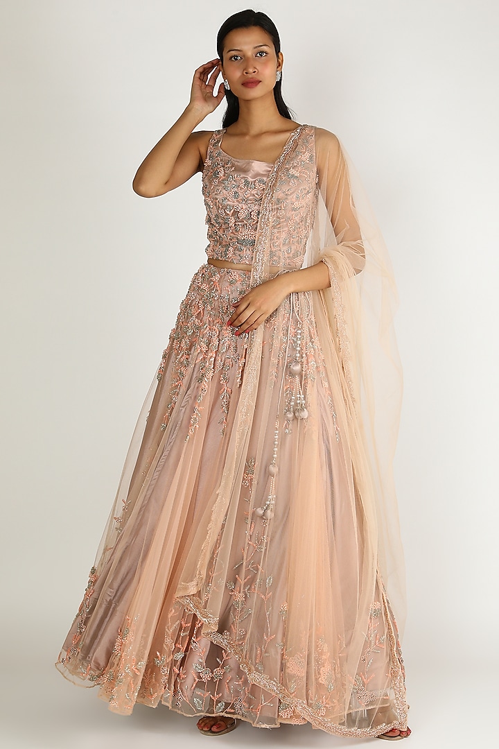 Peach Embroidered Lehenga Set by Sonal