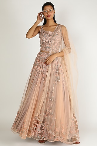 Peach Embroidered Lehenga Set by Sonal