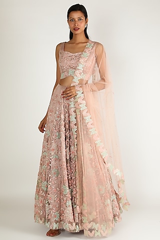 Peach Pearl Embroidered Lehenga Set by Sonal