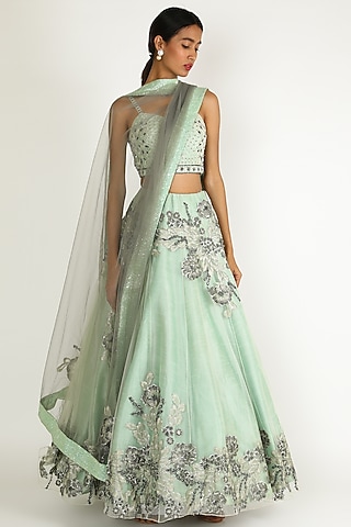 Mint Green Embroidered Lehenga Set by Sonal