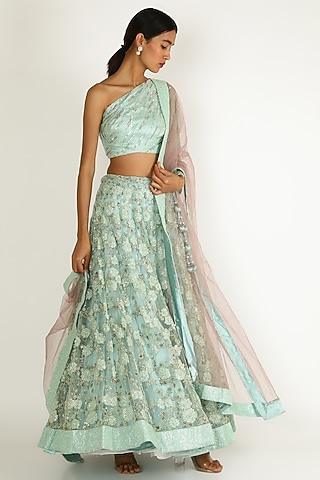 Mint Embroidered Lehenga Set by Sonal