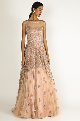 Peach Pearl Embroidered Gown by Sonal