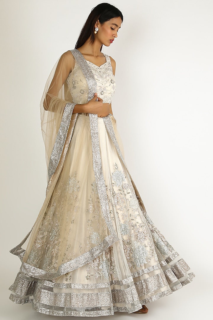 Ivory Embroidered Lehenga Set by Sonal