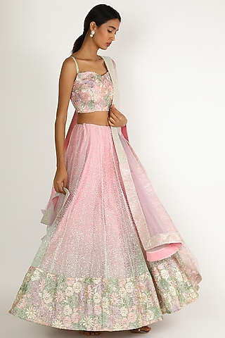 Blush Pink Ombre Embroidered Lehenga Set by Sonal