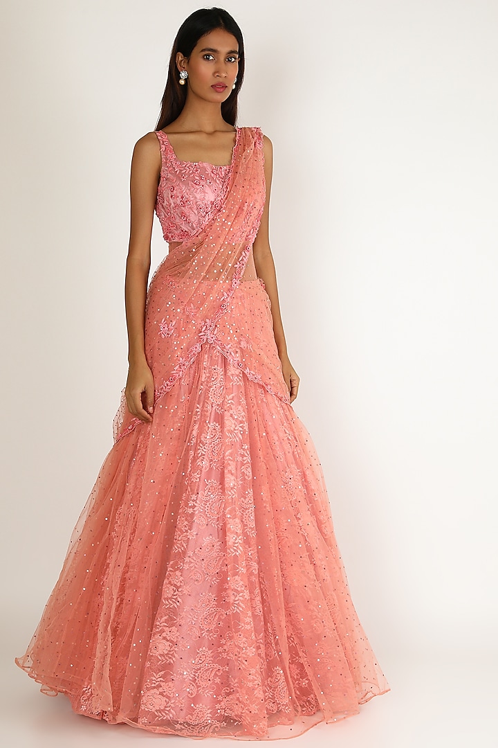Pink Hand Embroidered Gown by Sonal