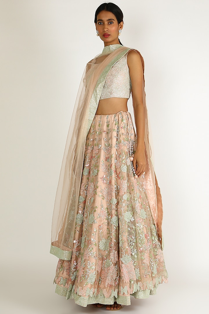 Peach Cut Dana Embroidered Lehenga Set by Sonal