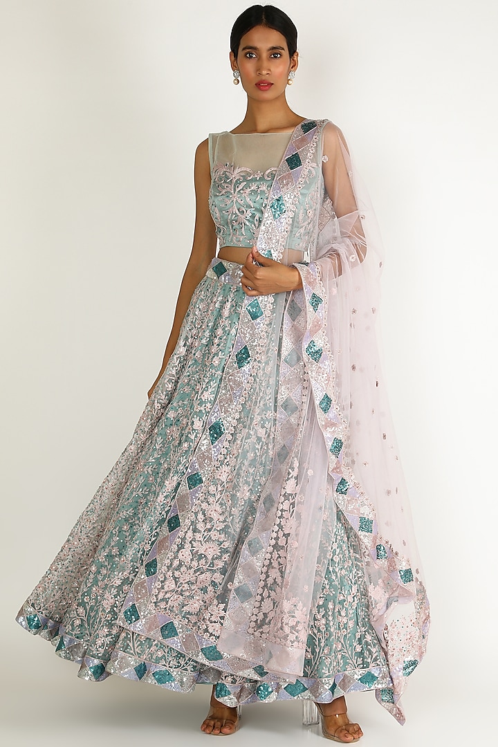 Cobalt Blue & Pink Embroidered Lehenga Set by Sonal