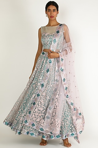 Cobalt Blue & Pink Embroidered Lehenga Set by Sonal
