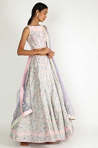 Blush Pink & Grey Embroidered Lehenga Set by Sonal
