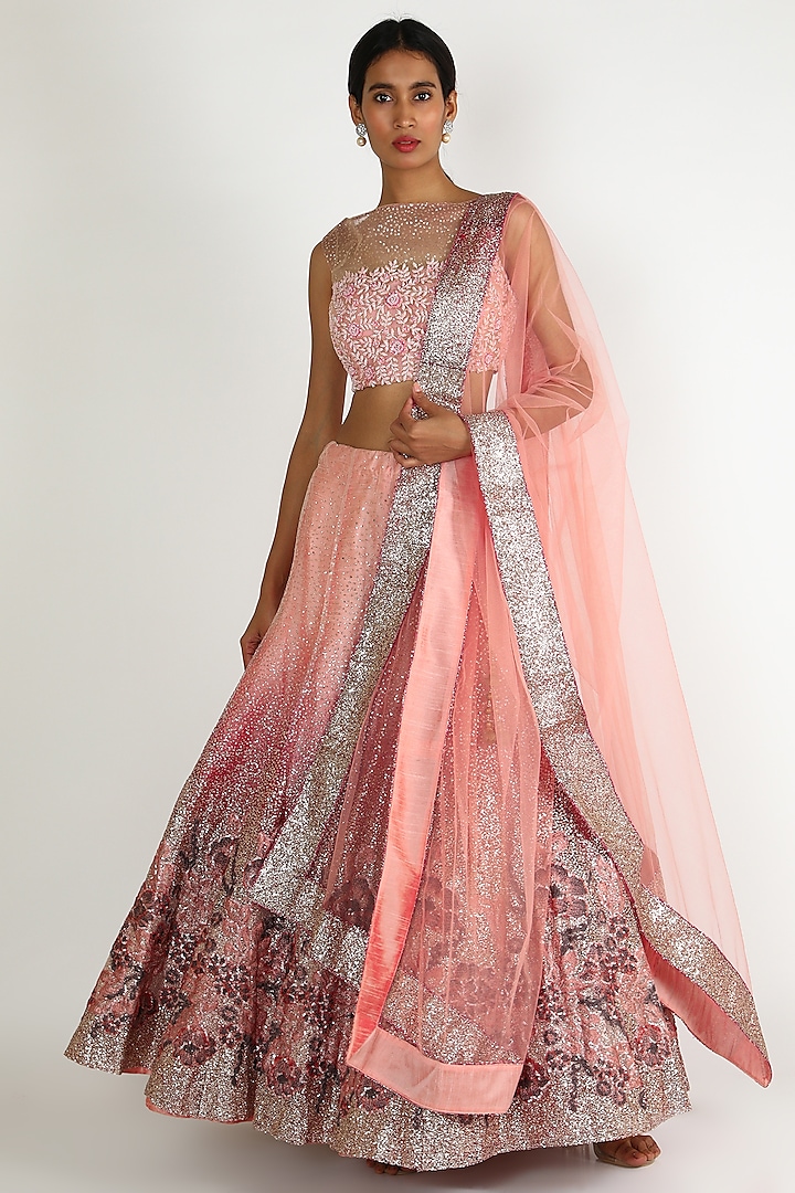 Orange Embroidered Lehenga Set by Sonal