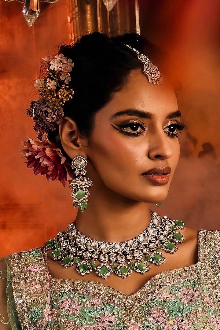 Black Rhodium Finish Mint Stone & Kundan Polki Necklace Set by EKATHVA JAIPUR at Pernia's Pop Up Shop