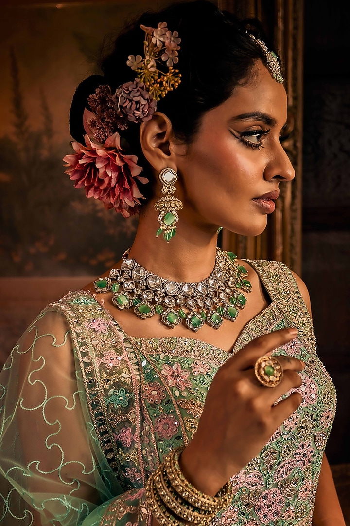Black Rhodium Finish Mint Stone & Kundan Polki Necklace Set by EKATHVA JAIPUR at Pernia's Pop Up Shop