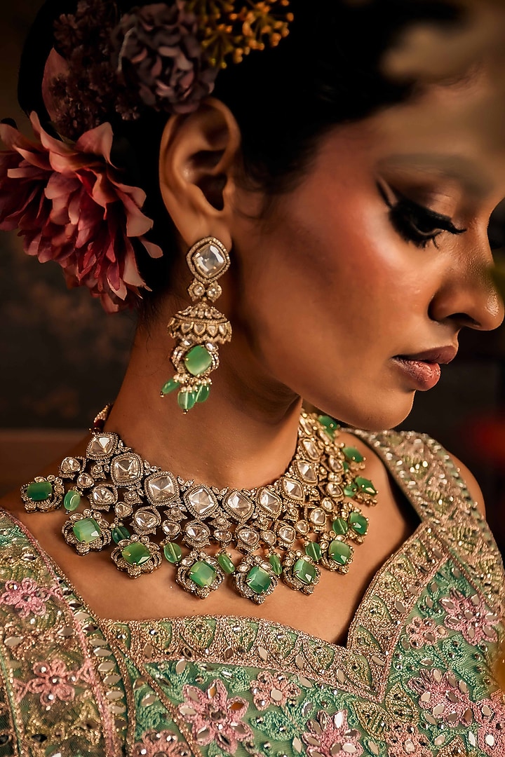 Black Rhodium Finish Mint Stone & Kundan Polki Necklace Set by EKATHVA JAIPUR at Pernia's Pop Up Shop