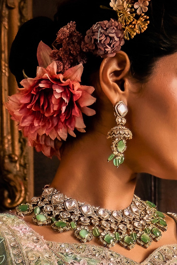 Black Rhodium Finish Mint Stone & Kundan Polki Necklace Set by EKATHVA JAIPUR at Pernia's Pop Up Shop