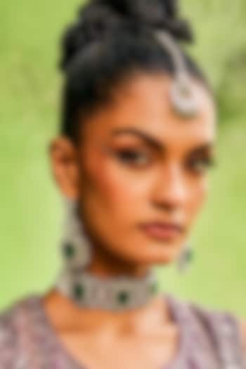 White Rhodium Finish Emerald Doublet & Swarovski Diamond Choker Necklace Set by EKATHVA JAIPUR at Pernia's Pop Up Shop