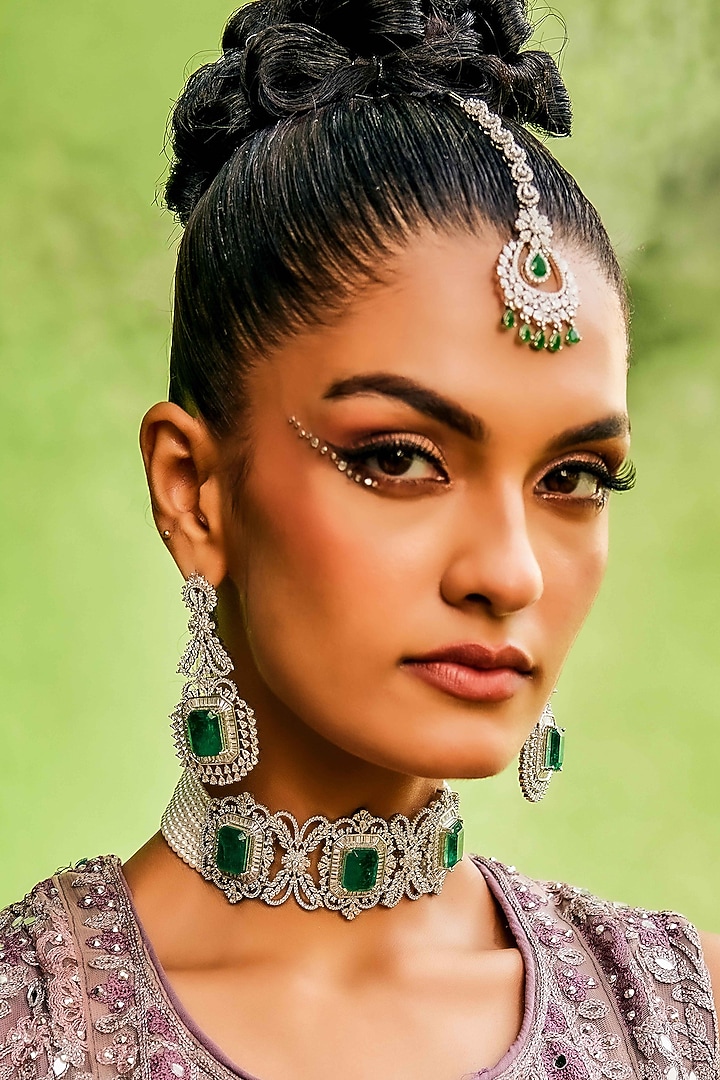 White Rhodium Finish Emerald Doublet & Swarovski Diamond Choker Necklace Set by EKATHVA JAIPUR at Pernia's Pop Up Shop