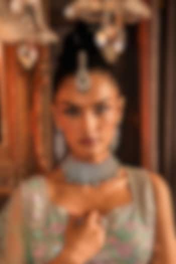 White Rhodium Finish Emerald Stone & Swarovski Diamond Choker Necklace Set by EKATHVA JAIPUR at Pernia's Pop Up Shop