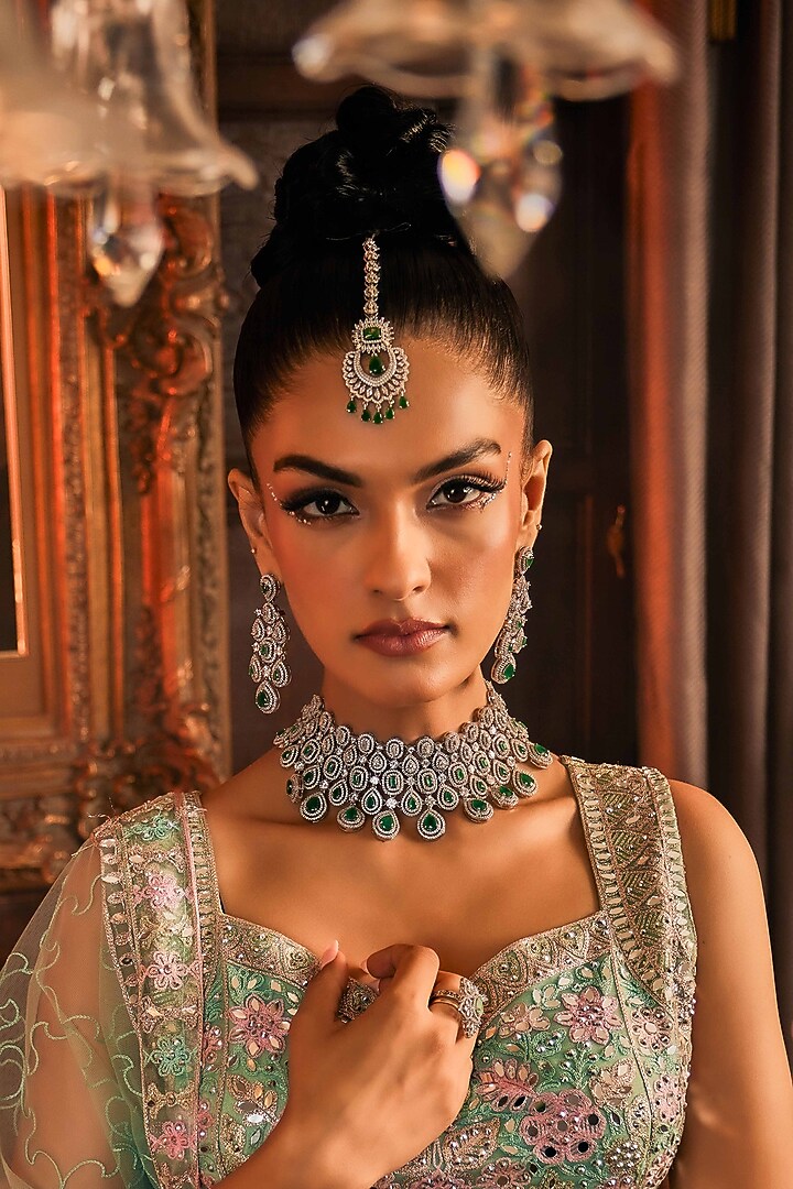 White Rhodium Finish Emerald Stone & Swarovski Diamond Choker Necklace Set by EKATHVA JAIPUR at Pernia's Pop Up Shop