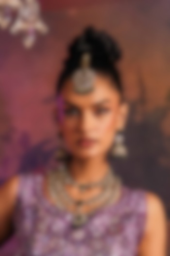 Black Rhodium Finish Emerald Stone & Kundan Polki Layered Necklace Set by EKATHVA JAIPUR at Pernia's Pop Up Shop