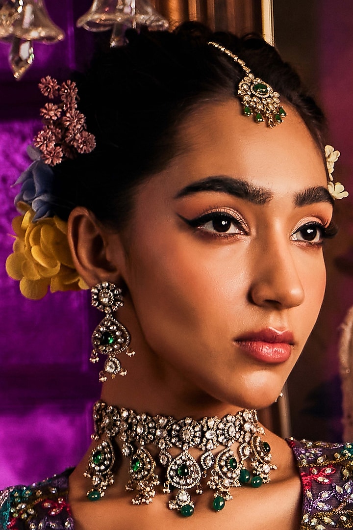 Black Rhodium Finish Kundan Polki & Emerald Stone Choker Necklace Set by EKATHVA JAIPUR at Pernia's Pop Up Shop