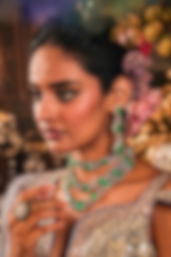 White Rhodium Finish Swarovski Diamond & Mint Jade Stone Layered Necklace by EKATHVA JAIPUR at Pernia's Pop Up Shop