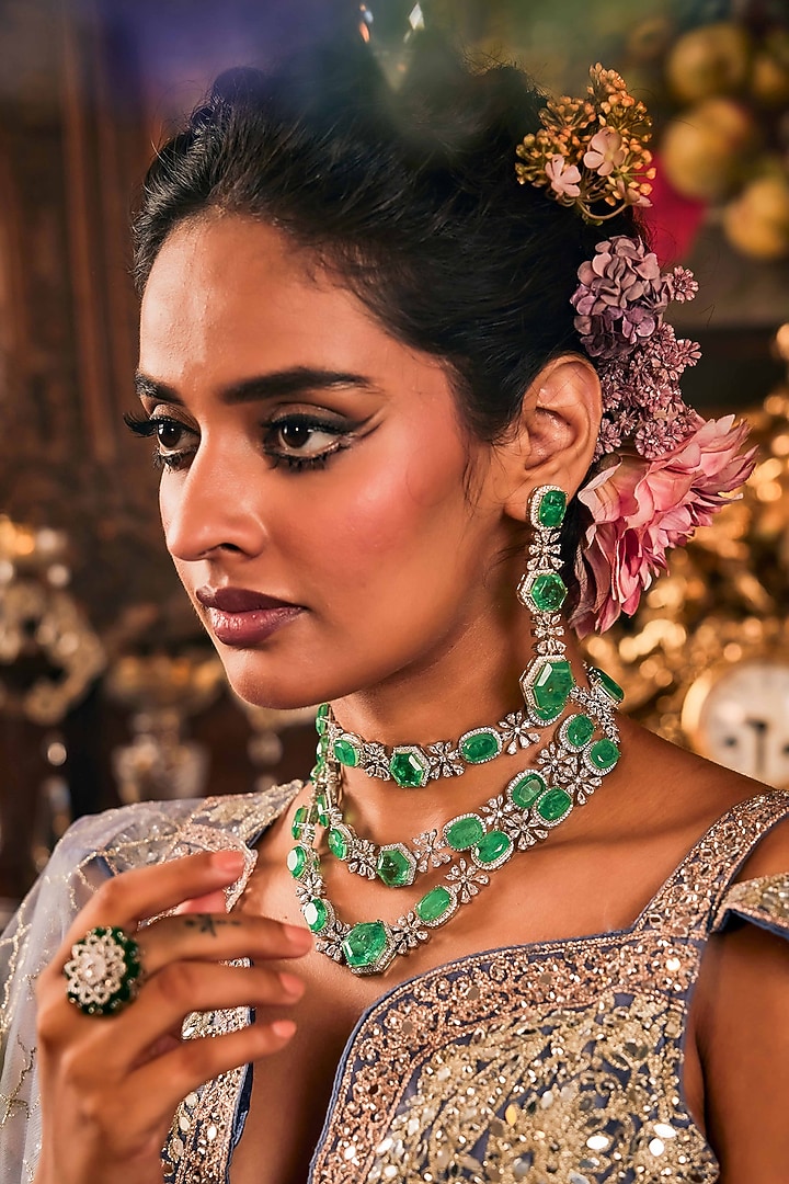 White Rhodium Finish Swarovski Diamond & Mint Jade Stone Layered Necklace by EKATHVA JAIPUR at Pernia's Pop Up Shop