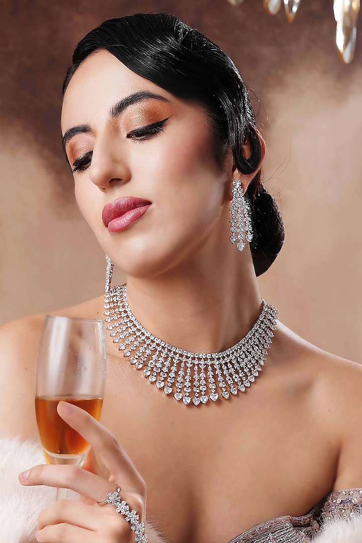 White Rhodium Finish Swarovski Diamond Necklace Set by EKATHVA JAIPUR at Pernia's Pop Up Shop