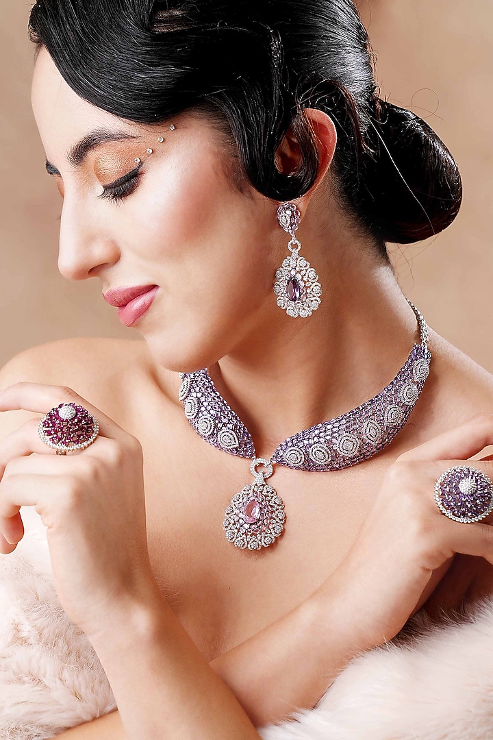 White Rhodium Finish Swarovski Diamond & Amethyst Stone Necklace Set by EKATHVA JAIPUR at Pernia's Pop Up Shop