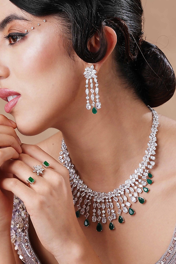 White Rhodium Finish Swarovski Diamond & Emerald Stone Necklace Set by EKATHVA JAIPUR at Pernia's Pop Up Shop