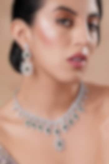 White Rhodium Finish Swarovski Diamond & Emerald Stone Necklace Set by EKATHVA JAIPUR at Pernia's Pop Up Shop