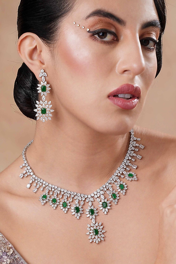 White Rhodium Finish Swarovski Diamond & Emerald Stone Necklace Set by EKATHVA JAIPUR at Pernia's Pop Up Shop