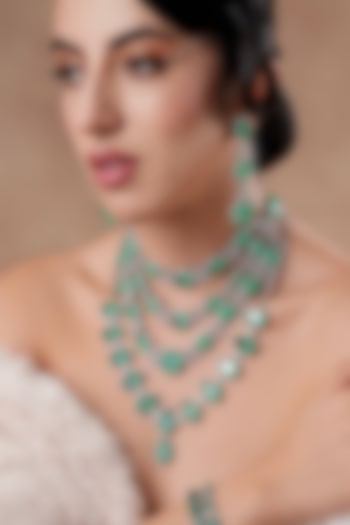White Rhodium Finish Swarovski Diamond & Jade Stone Layered Necklace Set by EKATHVA JAIPUR at Pernia's Pop Up Shop