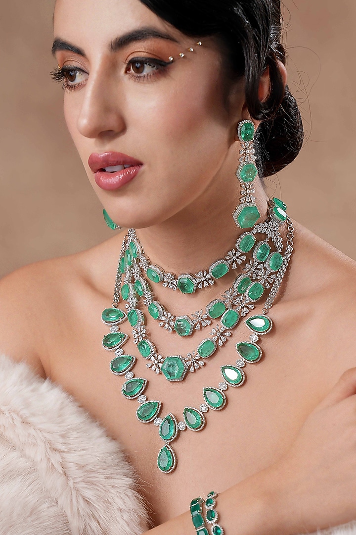 White Rhodium Finish Swarovski Diamond & Jade Stone Layered Necklace Set by EKATHVA JAIPUR at Pernia's Pop Up Shop