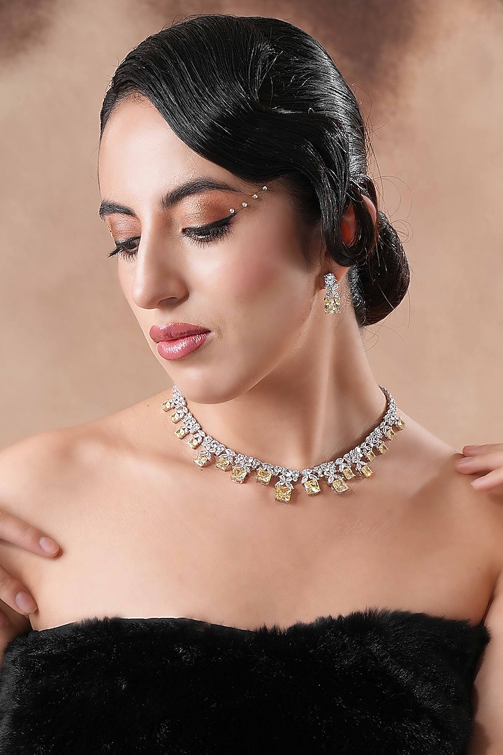 White Rhodium Finish Swarovski Diamond & Yellow Topaz Stone Necklace Set by EKATHVA JAIPUR at Pernia's Pop Up Shop