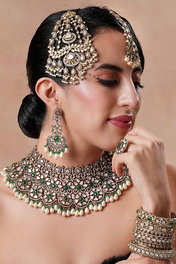 Black Rhodium Finish Kundan Polki & Emerald Stone Choker Necklace Set by EKATHVA JAIPUR at Pernia's Pop Up Shop