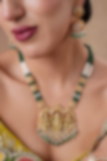Gold Finish Moissanite Polki & Emerald Beaded Long Pendant Necklace Set by EKATHVA JAIPUR at Pernia's Pop Up Shop