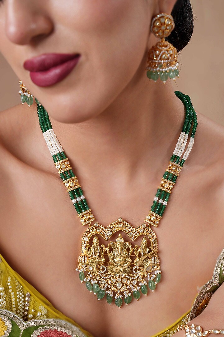 Gold Finish Moissanite Polki & Emerald Beaded Long Pendant Necklace Set by EKATHVA JAIPUR at Pernia's Pop Up Shop