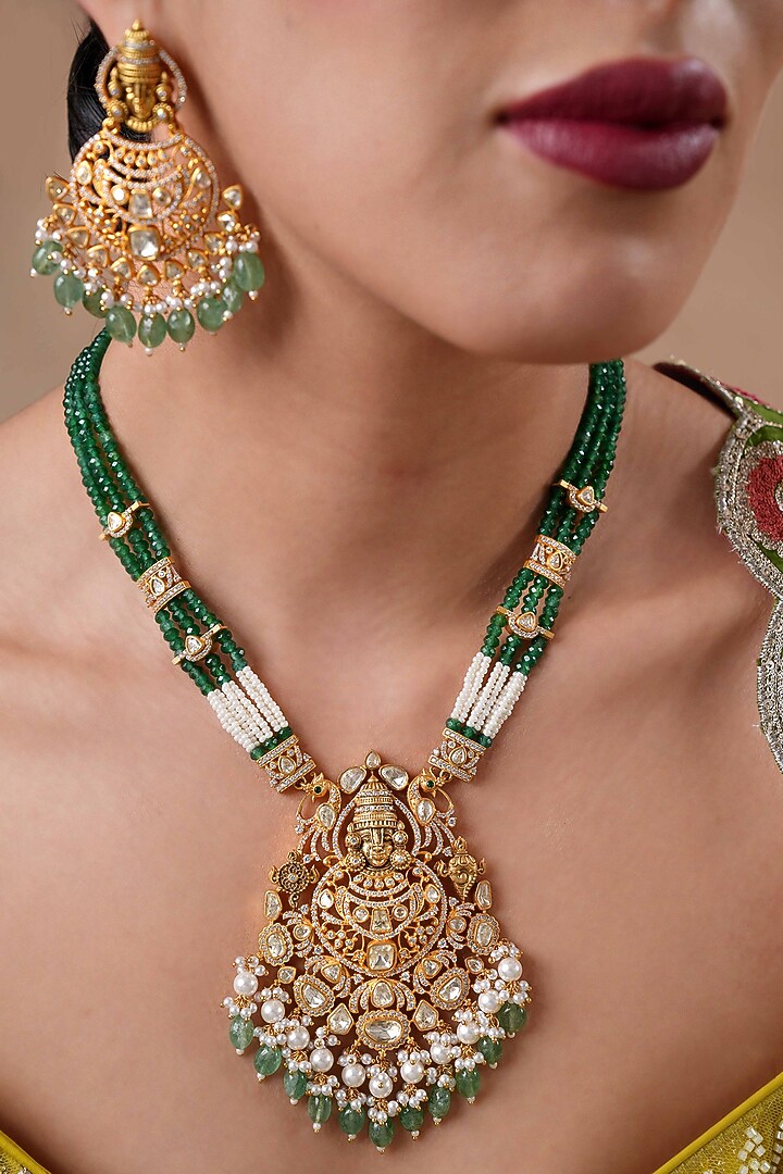 Gold Finish Moissanite Polki & Emerald Beaded Long Pendant Necklace Set by EKATHVA JAIPUR at Pernia's Pop Up Shop