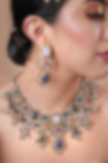 Black Rhodium Finish Navratna Stone Necklace Set by EKATHVA JAIPUR at Pernia's Pop Up Shop