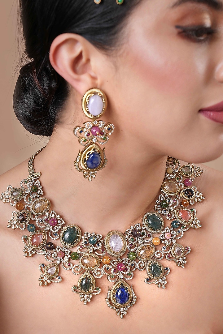 Black Rhodium Finish Navratna Stone Necklace Set by EKATHVA JAIPUR at Pernia's Pop Up Shop