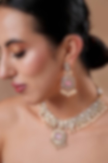 Gold Finish Pink Kundan Polki Pendant Necklace Set by EKATHVA JAIPUR at Pernia's Pop Up Shop
