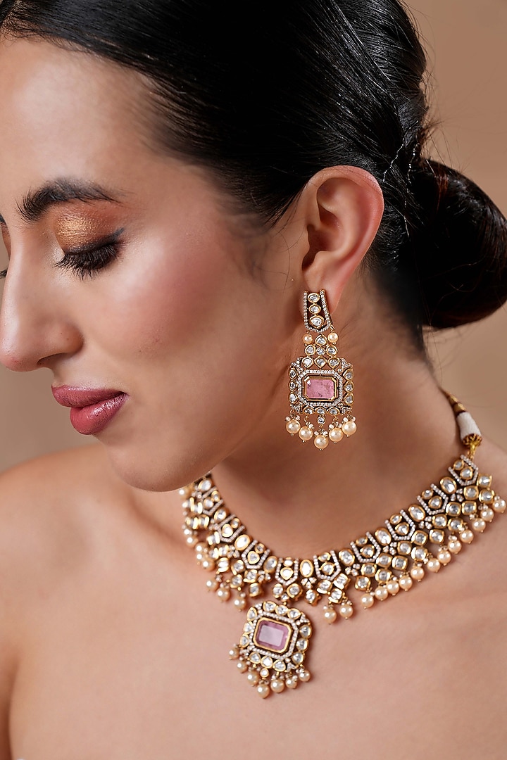Gold Finish Pink Kundan Polki Pendant Necklace Set by EKATHVA JAIPUR at Pernia's Pop Up Shop