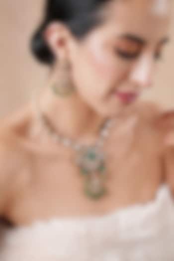 Black Rhodium Finish Kundan Polki & Emerald Stone Long Necklace Set by EKATHVA JAIPUR at Pernia's Pop Up Shop