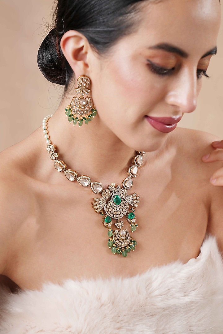 Black Rhodium Finish Kundan Polki & Emerald Stone Long Necklace Set by EKATHVA JAIPUR at Pernia's Pop Up Shop